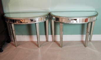 Pair Mirrored Silver Art Deco Half Moon Console Tables