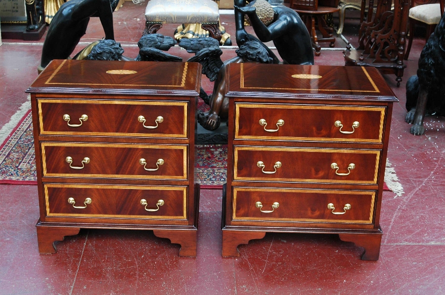 Pair Flame Mahogany Inlaid Chests Bedside Cabinets