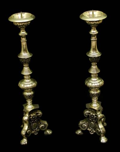 Pair Exquisite Silver Plate Clerical Style Candlesticks