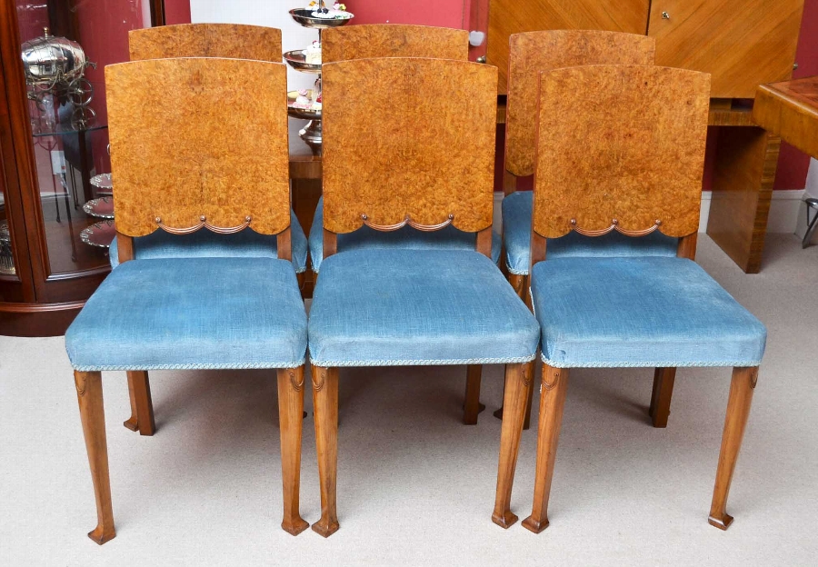 Antique 6 Art Deco Burr Walnut Dining Chairs Circa 1920