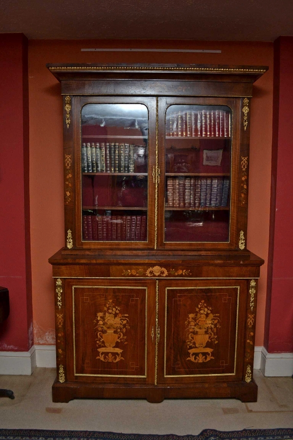 Antique Victorian Burr Walnu Marquetry Bookcase C1860