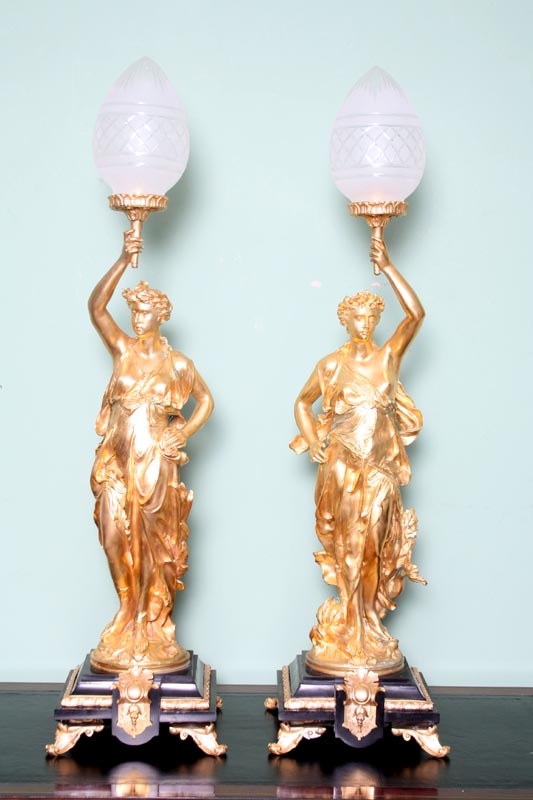 Superb Pair Bronze Female Figure Gilded Classical Lamps