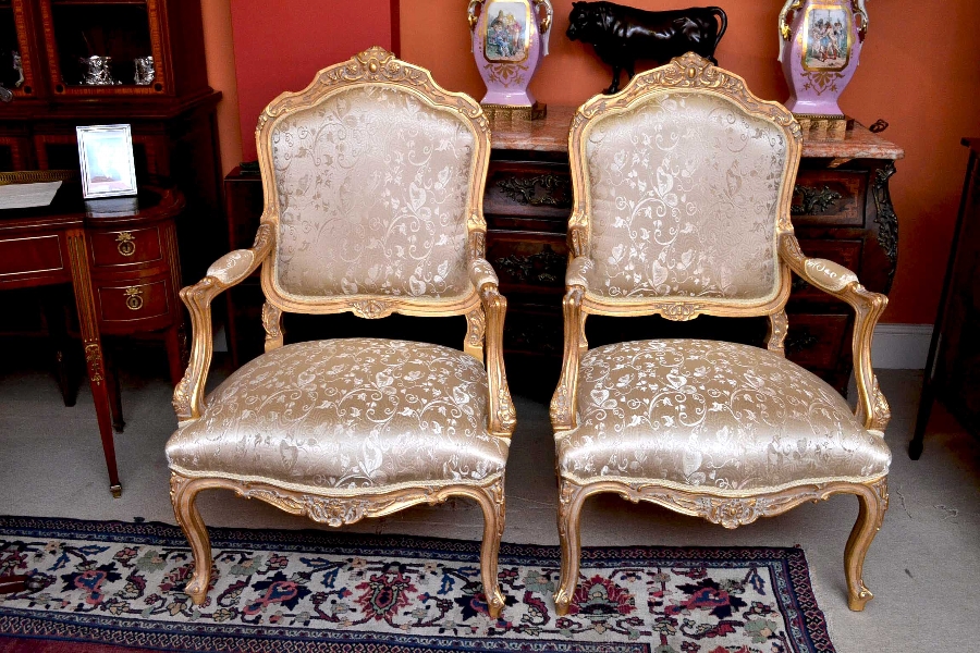 Superb Pair French Louis XV Giltwood Armchairs