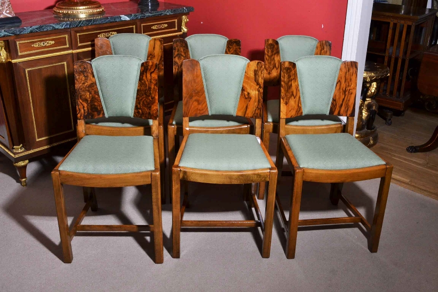 Antique Art Deco Burr Walnut Dining Chairs - Set of 6