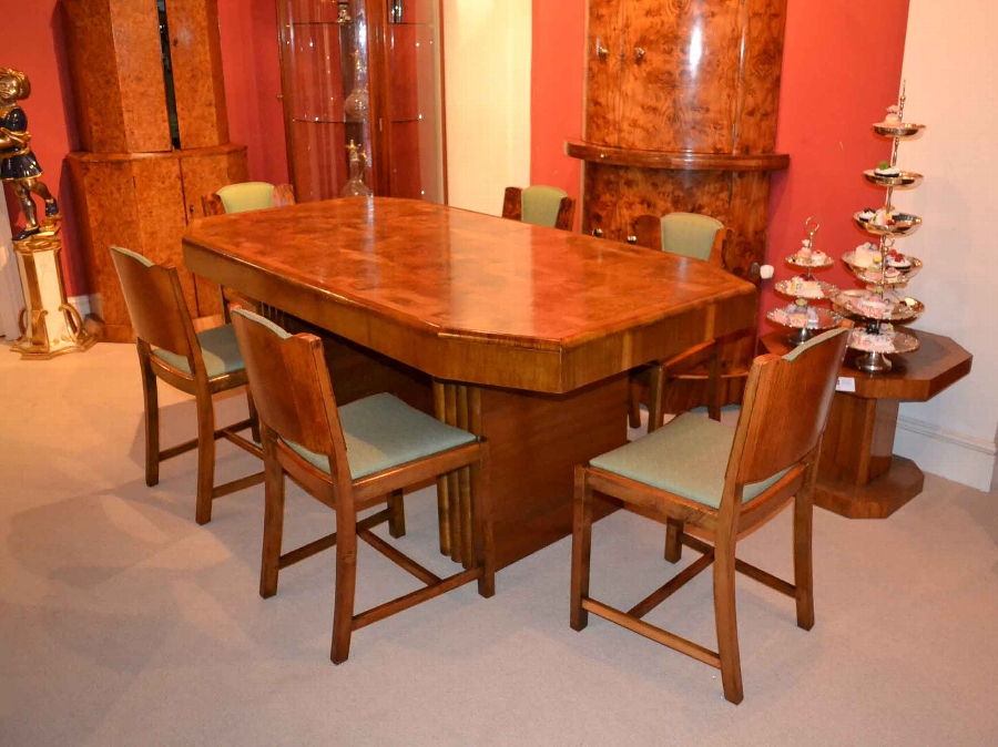 Antique Art Deco Burr Walnut Dining Table Set 6 Chairs