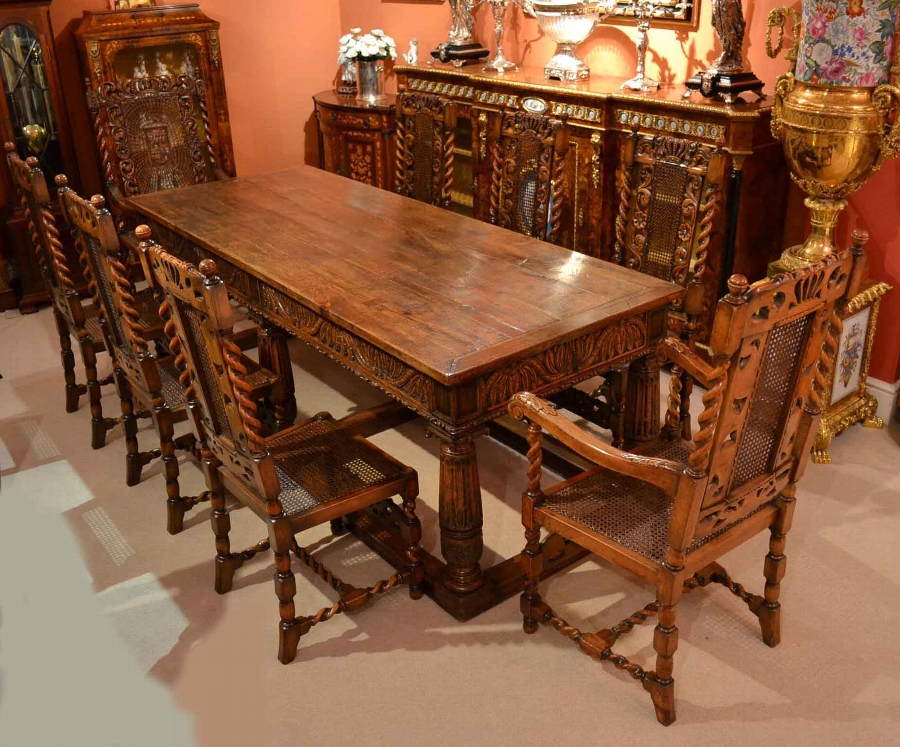 Antique solid oak refectory dining table & 8 chairs