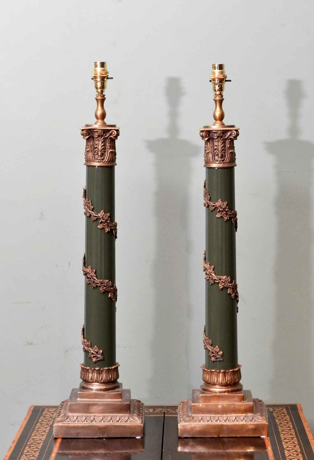 Pair Corinthian Column Regency Lamp Stands Dark Green