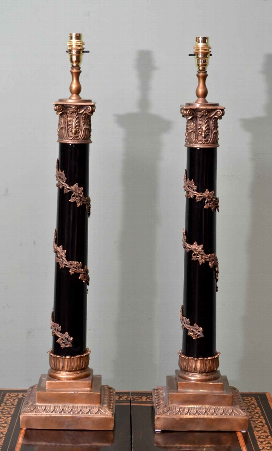 Pair Corinthian Column Regency Lamp Stands Black