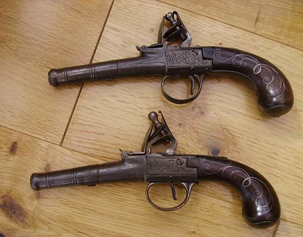 Pair of Queen Anne silver mounted boxlock flintlock 