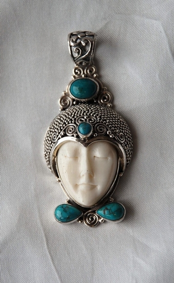Antique Vintage Silver & Bone Exotic Girl Pendant