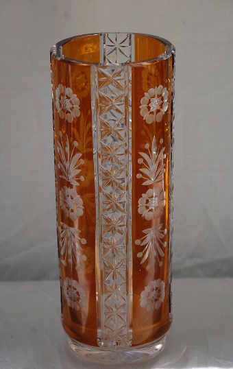 Antique Vintage Bohemian Amber Overlayed Glass Vase