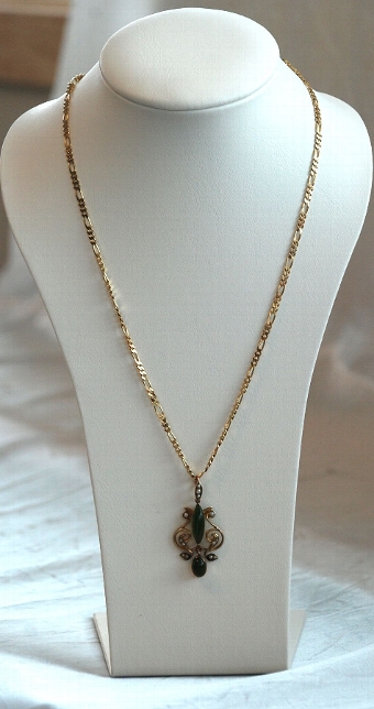 Late 19th Early 20th Century Gold Greenstone & Seed Pearl Pendant & Chain