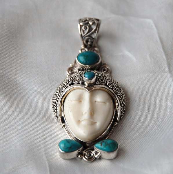 Vintage Silver & Bone Exotic Girl Pendant
