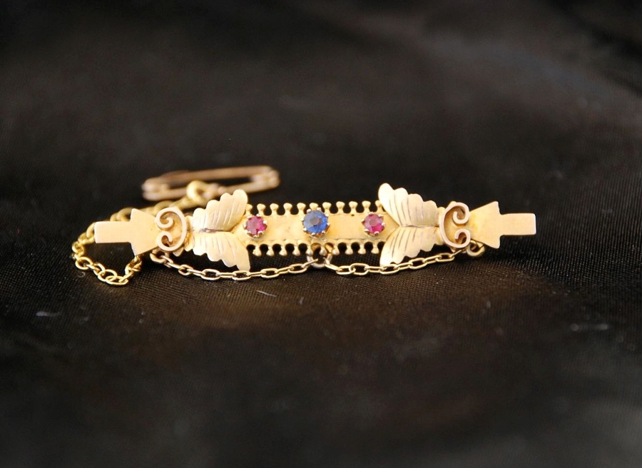 Antique Victorian 9ct Gold Sapphire & Ruby Bar Brooch