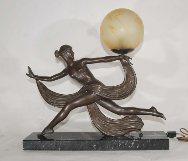 Art Deco Bronze Figurine Lamp Signed Ouline 1920s