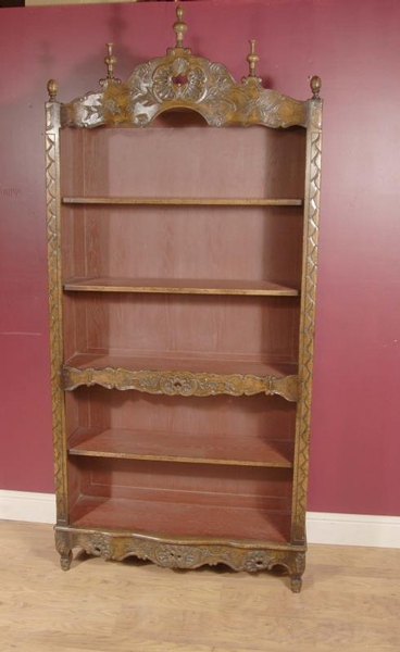 7 ft English Oak Carved Open Bookcase Book Case
