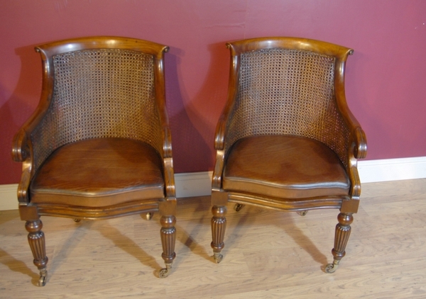 PAIR FRENCH REGENCY BERGERE CHAIRS RATTAN ARM CHAIR WALNUT
