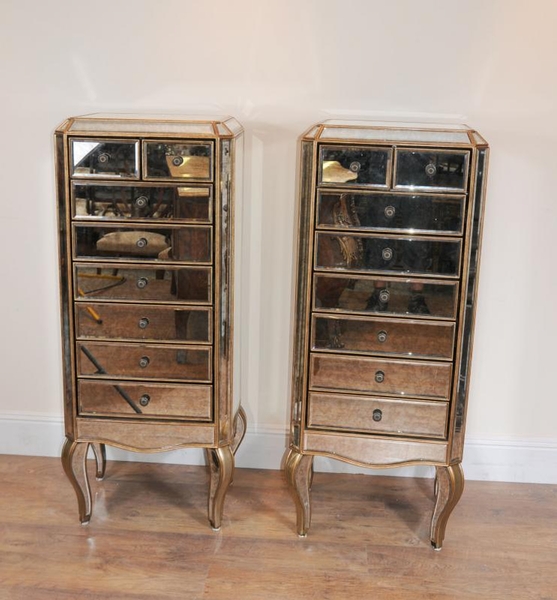 Pair Mirrored Art Deco Cabinets Chests Tall Mirror