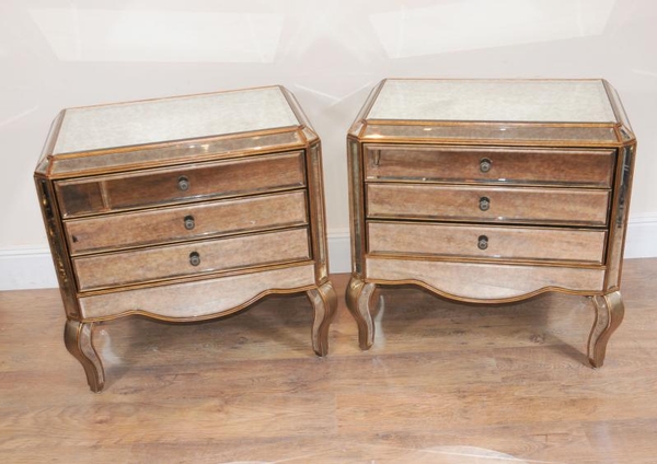 Pair Deco Mirroed Chest Drawers Commodes Bedside Table
