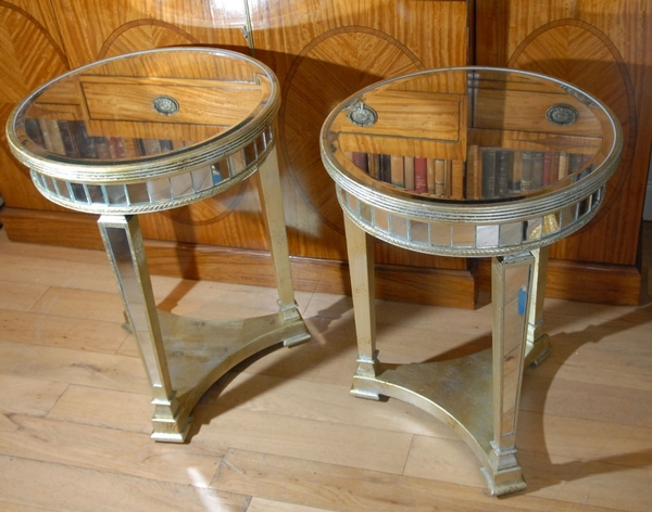 Pair Round Top Art Deco Mirrored Side Table