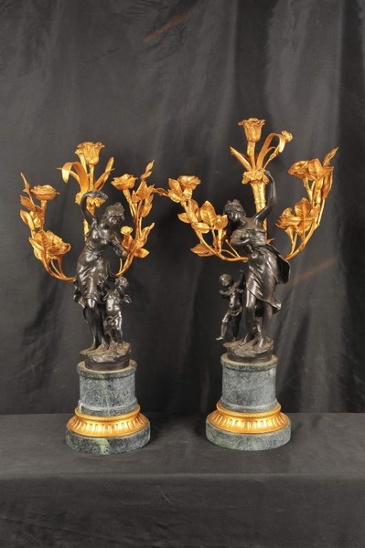 Pair French Bronze Cherub Candelabras Signed Moreau