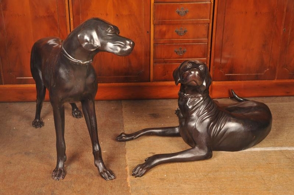 Pair Bronze Lifeize English Pointer Dog Statues Dog