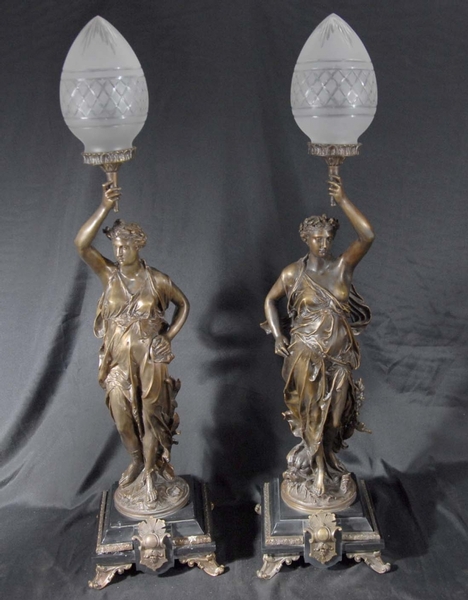 Pair Bronze Lights Signed Gregoire Statue Liberty Torcheres Lamp