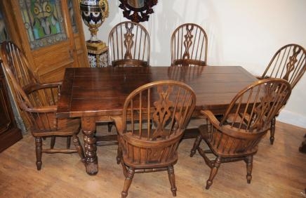 Farmhouse Refectory Table Set Windsor Arm Chairs Kitchen