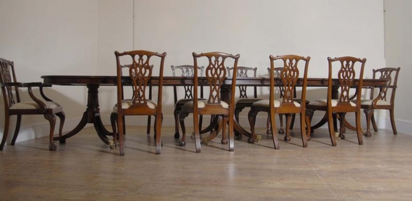 Regency Triple Pedestal Table Set 10 Chippendale Chairs Set