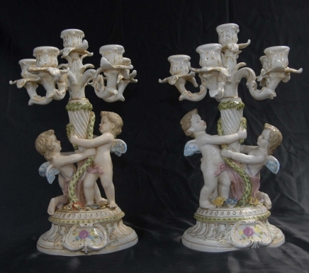 Pair German Dresden Cherub Candelabras Candles Candles