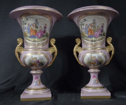 Pair German Dresden Pink Urns Vases Porcelain