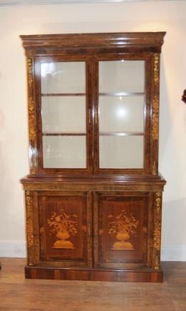 Burr Walnut Victorian Bookcase Cabinet Inlay