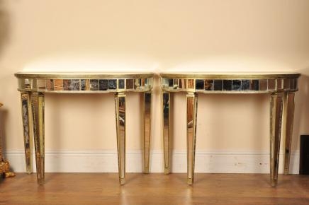 Pair Mirrored Console Tables Art Deco Half Moon