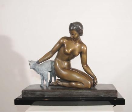 French Bronze Nude Art Deco Statue Female Figurine Lamb Sheep