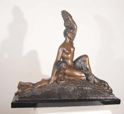 XL Bronze Art Deco Statue Nude Female Borzoi Dog Boy