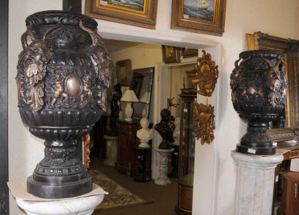 Pair Italian Classic Bronze Urns Planters Satyr