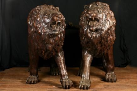 Pair Bronze Lifesize Lion Statues Gatekeeper Lions Cat