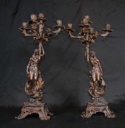Pair Italian Rococo Bronze Figurine Candelabras