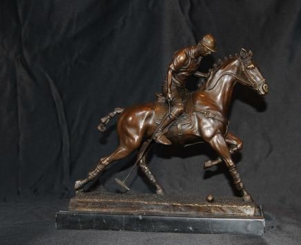 Bronze Polo Player Horse & Jockey Statue Signed