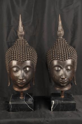 Pair Burmese Buddha Bronze Busts Buddhism Buddha