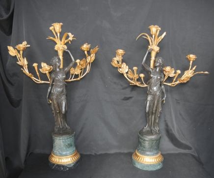 Pair French Bronze Ormolu Candelabras Clodion Female