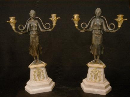 Bronze Empire Maiden Candelabras Candlesticks Marble