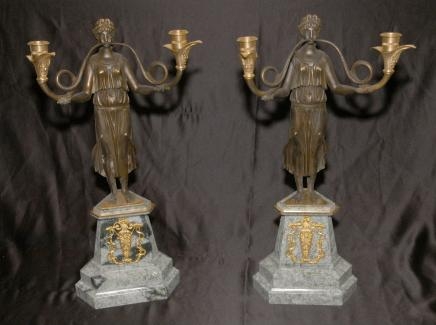 Pair French Empire Bronze Marble Candelabras Figurative