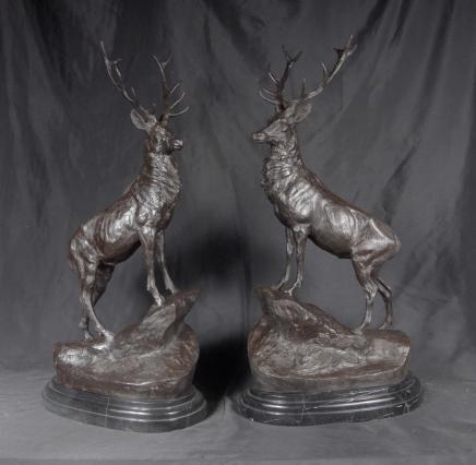 Pair Bronze Stags Signed Moigniez Stag Moose Elk