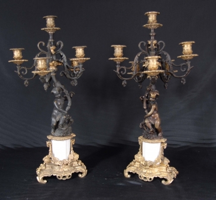 Pair Italian Bronze Cherub Candelabras Candle Sticks Putti
