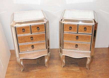 Pair Deco Mirror Night Stands Bedside Chests Mirrored
