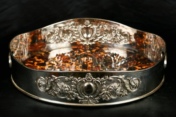 Silver Plate Butlers Tray Platter Faux Tortoiseshell Victorian