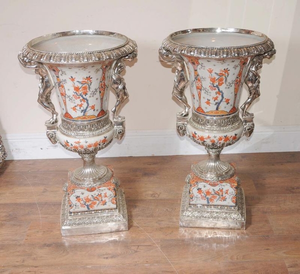 Pair 3ft Silver Plate Imari Porcelain Pottery Urns