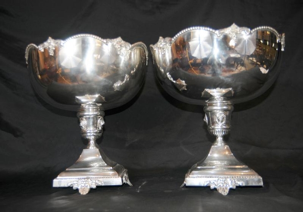 Pair English Silver Plate Punch Bowls Urns Stands