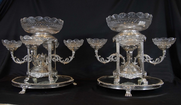 Pair Sheffield Silver Plate Epergnes Cut Glass Dishes Bowls